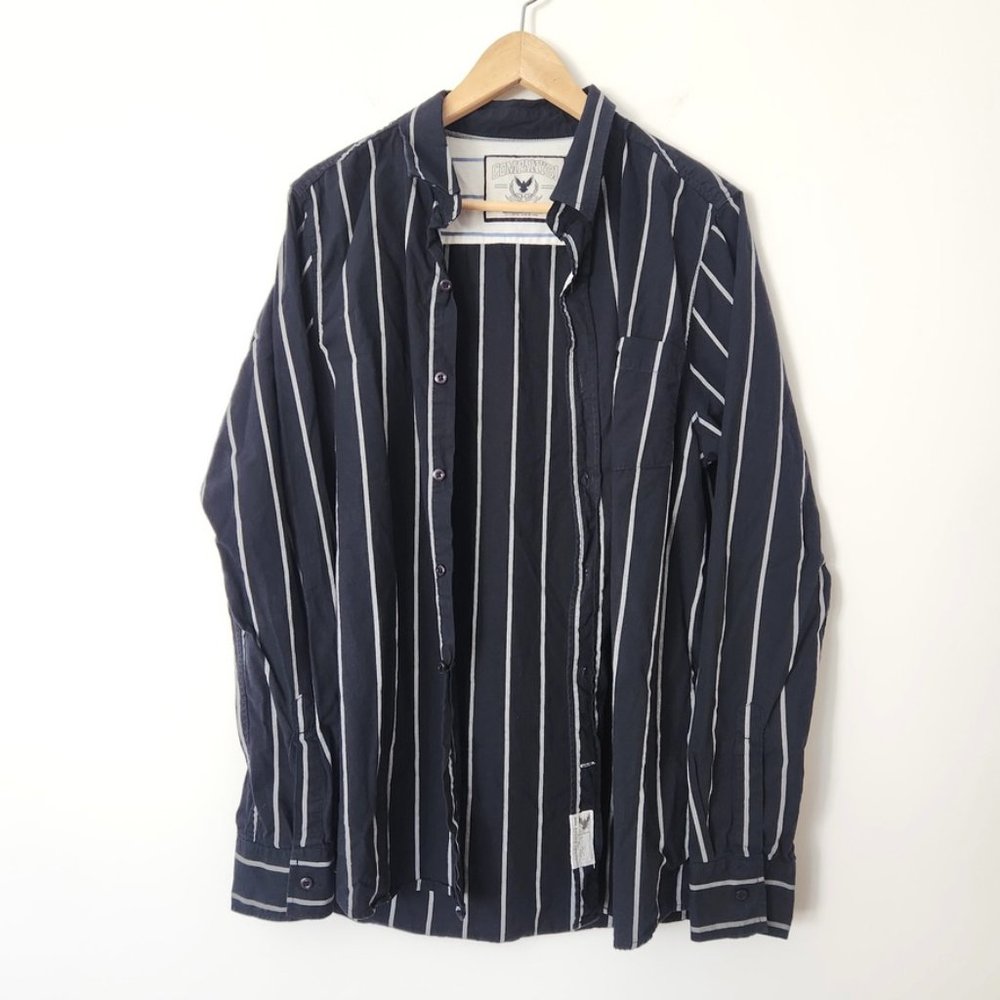 Y2K‎ Striped Button Down Shirt Navy Blue White Men's Large Company 81 Eagle Vtg